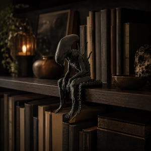 May include: A dark, matte-finished figurine of a xenomorph creature with an elongated head, skeletal ribcage, and a long, segmented tail. The creature is depicted in a seated position, with its legs dangling over the edge of a flat surface.