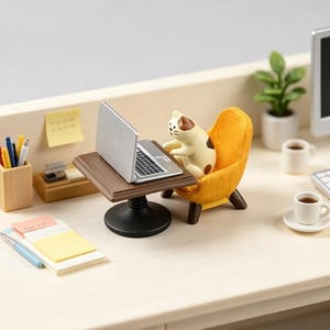 May include: A miniature figurine of a calico cat sitting in a textured yellow armchair at a small brown desk with a silver laptop. The scene includes a wooden pencil holder with colourful pens, a notepad, a small potted plant, and two white coffee cups.