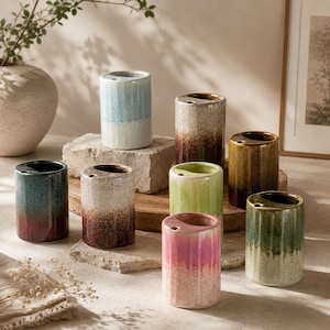 Puede incluir: Una colección de ocho portalápices cilíndricos de cerámica, cada uno con una textura acanalada vertical única y un acabado de esmalte reactivo bicolor en azul, marrón, verde, rosa y crema, con un pequeño orificio circular.