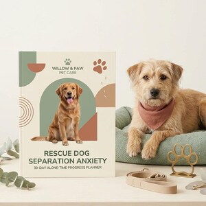 May include: A hardcover book titled Willow & Paw Pet Care Rescue Dog Separation Anxiety 30-Day Alone-Time Progress Planner with a golden retriever photo, a tan dog wearing a dusty rose bandana on a sage green bed, a tan leash, and a gold paw print stand.