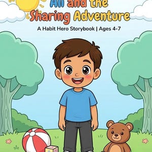 May include: A children's storybook cover titled Ali and the Sharing Adventure, A Habit Hero Storybook | Ages 4-7. It features a cartoon boy in a blue shirt and dark pants standing in a park with a red and white ball, alphabet blocks, and a teddy bear.