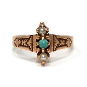 Antique Victorian 10k Gold Turquoise Seed Pearl Navette Pinky Ring, Hand Engraved, 1880s Stacking Ring (Size 4.25)