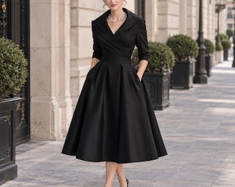 Black Surplice Wrap Midi Dress, Shawl Collar, Pockets, Cocktail Evening Guest