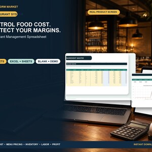 Restaurant Management Spreadsheet, Food Cost Calculator, Inventory, Menu Engineering, Profit Dashboard, Excel Google Sheets