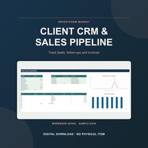 May include: A digital spreadsheet template titled Client CRM & Sales Pipeline by Brightform Market. The interface displays a dashboard with tables for key metrics, action items, and monthly sales data, alongside line and bar charts for tracking.
