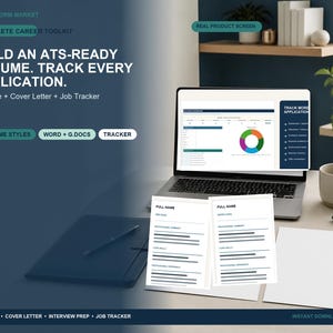 May include: A digital career toolkit featuring a laptop displaying a job application tracker with a pie chart, two printed resume templates labeled Full Name, and text reading Build an ATS-Ready Resume. Track Every Application.