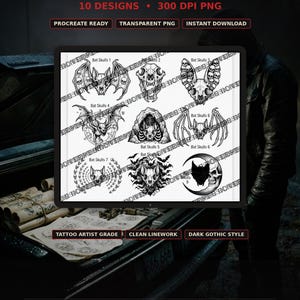 Skull Skulls Bat Tattoo Flash 10 Pack FP121-FP130 Stencils PNG | Procr