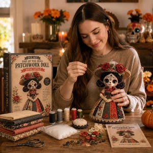 Day of the Dead Bride Patchwork Doll DIY Kit, Halloween Fabric Craft Set, Boxed Decorative Doll Project