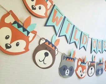 Wild one birthday, tribal animals, tribal, woodland party, wild one banner, indian, baby indian, native american, wild one, fox, bear