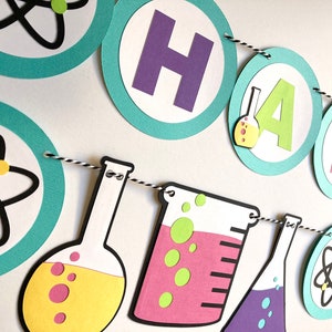 science banner, cupcake toppers, chemistry party, elements beakers, mad scientist, science birthday, girls science party, party ideas