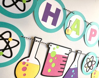 science banner, cupcake toppers, chemistry party, elements beakers, mad scientist, science birthday, girls science party, party ideas