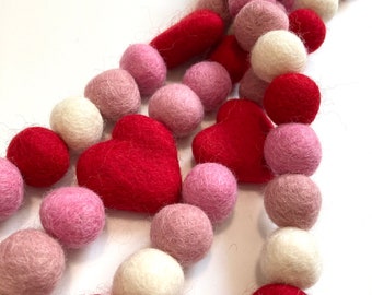 Valentines day felt balls, Valentine garland, Valentines Mantle, Heart garland, Heart banner, Love garland, Felt heart garland, Felt balls