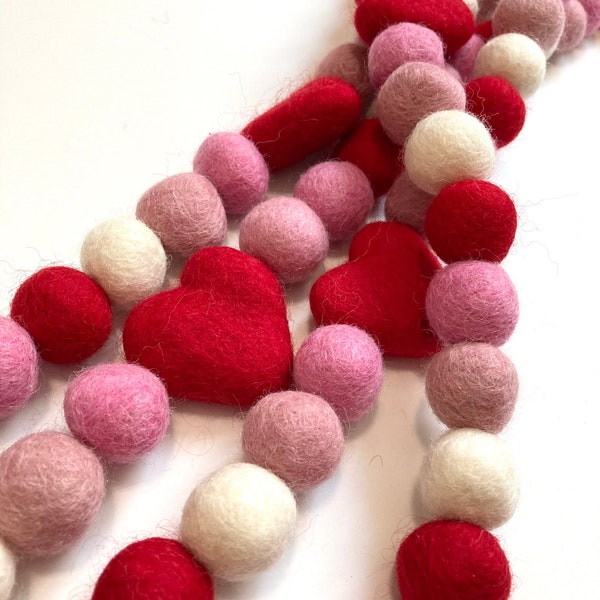 Valentines day felt balls, Valentine garland, Valentines Mantle, Heart garland, Heart banner, Love garland, Felt heart garland, Felt balls