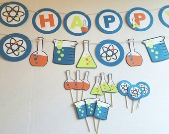 science banner, cupcake toppers, chemistry party, science, elements, beakers, mad scientist, science birthday, boys party, party ideas