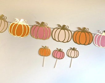 Lil pumpkin banner, pink pumpkin baby, fall in love, fall baby shower, Thanksgiving decor, pink gold pumpkin cupcake, little pumpkin party