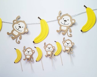 Monkey and Banana Banner, monkey party, jungle photo prop, monkey decoration, Jungle Birthday Cupcake Toppers