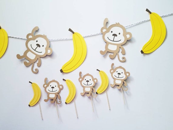 Monkey and Banana Banner, monkey party, jungle photo prop, monkey decoration, Jungle Birthday Cupcake Toppers