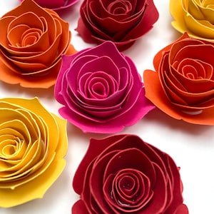 1.5 inch Rolled Paper Roses for DIY projects, Garden Party Decorations, Roses for Graduation Cap, Fiesta Flowers for Shadow box and Cards