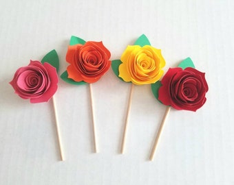 Fiesta Cupcake Toppers, Fiesta party, Mexico Cinco de Mayo birthday, Quinceanera Cupcakes, Mexico decorations, Spanish Color Paper Flower