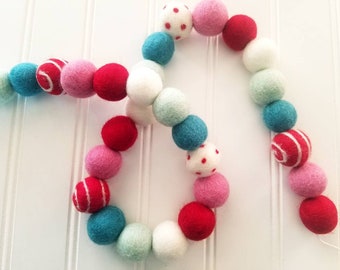 christmas ball garland , candyland garland, mint felt garland, teal garland, Christmas decor, red and pink garland, Christmas tree garland