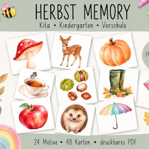 Op de afbeelding: Een memoryspel getiteld HERBST MEMORY met 48 kaarten en 24 aquarelillustraties, waaronder een paddenstoel, ree, pompoen, theekopje, kastanjes, laarzen, appel, egel, vlieger en paraplu, aangeboden als een printbaar PDF-bestand.