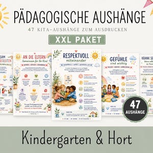 Könnte beinhalten: Eine Sammlung von 47 ausdruckbaren pädagogischen Aushängen für Kita und Hort. Die Poster zeigen Illustrationen von Kindern, Sonnen und Regenbögen mit deutschem Text, darunter Titel wie PÄDAGOGISCHE AUSHÄNGE, RESPEKTVOLL miteinander und GEFÜHLE sind wichtig.