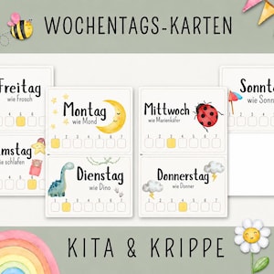 Könnte beinhalten: Ein Set aus Lernkarten mit der Aufschrift WOCHENTAGS-KARTEN und KITA & KRIPPE, die deutsche Wochentage mit Aquarellillustrationen wie Frosch, Mond, Marienkäfer, Sonne, Dinosaurier und Wolken sowie nummerierte Kästchen zum Ankreuzen zeigen.
