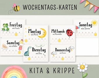 Tarjetas para guarderías y jardines de infancia | Los niños aprenden los días de la semana | Horario semanal para jardín de infancia | Tarjetas para el círculo matutino | PDF imprimible