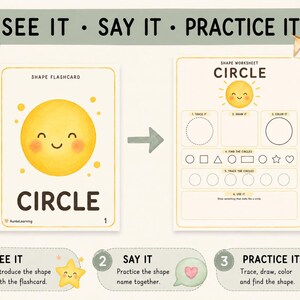 Peut inclure: Un ensemble d'apprentissage des formes comprenant une carte avec un cercle jaune souriant et le texte CIRCLE, ainsi qu'une fiche intitul&eacute;e SHAPE WORKSHEET CIRCLE avec des activit&eacute;s de tra&ccedil;age, dessin et coloriage. Inclut les instructions SEE IT, SAY IT, PRACTICE IT.