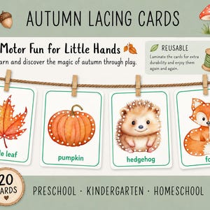 Könnte beinhalten: Set aus 20 herbstlichen Schnürkarten mit Illustrationen von Ahornblatt, Kürbis, Igel und Fuchs. Jede Karte hat Löcher zum Schnüren. Der Text lautet Autumn Lacing Cards, Fine Motor Fun for Little Hands, Reusable, Preschool Kindergarten Homeschool.