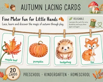 Autumn Lacing Cards Printable for Kids, Fall Fine Motor Activity, Preschool Montessori Learning, Toddler Lacing Cards, Kindergarten PDF