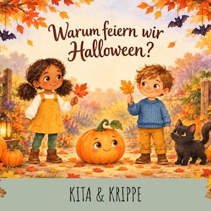 May include: An illustration featuring a girl and a boy in an autumn setting with pumpkins, a black cat, and hanging lanterns. The text reads "Warum feiern wir Halloween?" at the top and "KITA & KRIPPE" at the bottom, surrounded by fall leaves.