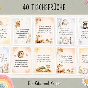 Może przedstawiać: Zestaw dziesięciu prostokątnych kart z tytułem 40 TISCHSPRÜCHE für Kita und Krippe, zawierających akwarelowe ilustracje zwierząt, takich jak niedźwiedzie, lisy, jeże i króliki, wraz z niemieckimi wierszykami o posiłkach i jedzeniu.