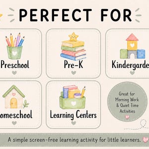 Peut inclure: Une affiche &eacute;ducative num&eacute;rique intitul&eacute;e PERFECT FOR pr&eacute;sentant six sections avec des illustrations &agrave; l'aquarelle de fournitures scolaires, livres, blocs de construction, une maison et un bac de rangement, avec un dessin d'abeille et le texte Great for Morning Work & Quiet Time Activities.