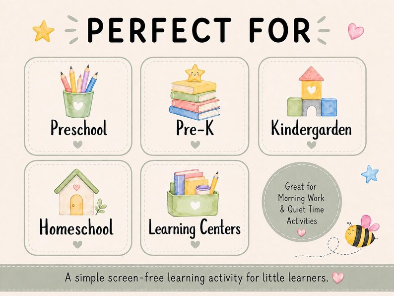 Peut inclure: Une affiche &eacute;ducative num&eacute;rique intitul&eacute;e PERFECT FOR pr&eacute;sentant six sections avec des illustrations &agrave; l'aquarelle de fournitures scolaires, livres, blocs de construction, une maison et un bac de rangement, avec un dessin d'abeille et le texte Great for Morning Work & Quiet Time Activities.