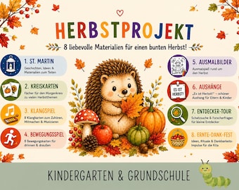 Herbst Kita Bundle pdf, Herbstprojekt Materialien Kindergarten & Krippe, Morgenkreis, Bewegungsspiele, St. Martin, Erntedank, Ausmalbilder