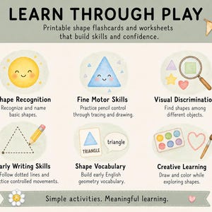 Peut inclure: Ensemble &eacute;ducatif imprimable intitul&eacute; LEARN THROUGH PLAY avec des fiches et des exercices sur les formes. Comprend des illustrations d'un soleil jaune, d'un triangle bleu, d'une loupe, d'un crayon, d'une palette et d'un pinceau pour apprendre.