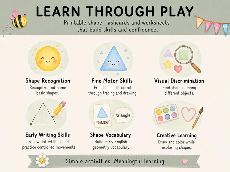 Peut inclure: Ensemble &eacute;ducatif imprimable intitul&eacute; LEARN THROUGH PLAY avec des fiches et des exercices sur les formes. Comprend des illustrations d'un soleil jaune, d'un triangle bleu, d'une loupe, d'un crayon, d'une palette et d'un pinceau pour apprendre.