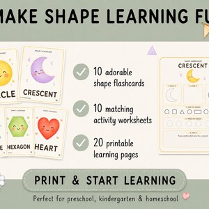 Peut inclure: Un ensemble de mat&eacute;riel &eacute;ducatif comprenant 10 cartes m&eacute;mo sur les formes avec des illustrations de cercle jaune, croissant violet, triangle bleu, hexagone vert et c&oelig;ur rouge, ainsi que 10 fiches d'activit&eacute;s et 20 pages d'apprentissage.