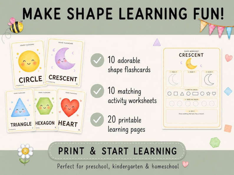Peut inclure: Un ensemble de mat&eacute;riel &eacute;ducatif comprenant 10 cartes m&eacute;mo sur les formes avec des illustrations de cercle jaune, croissant violet, triangle bleu, hexagone vert et c&oelig;ur rouge, ainsi que 10 fiches d'activit&eacute;s et 20 pages d'apprentissage.