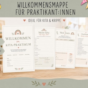 Könnte beinhalten: Eine digitale PDF-Willkommensmappe für Praktikant:innen in Kita und Krippe, bestehend aus 15 Seiten mit Texten wie 'WILLKOMMENSMAPPE FÜR PRAKTIKANT:INNEN', 'Meine Kita auf einen Blick', 'Mein Team' und 'Checkliste für deinen ersten Tag'.