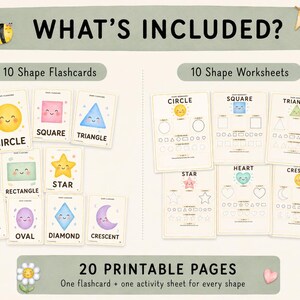 Peut inclure: Un ensemble de 10 cartes m&eacute;mo et 10 fiches d'exercices sur les formes avec des illustrations de cercle, carr&eacute;, triangle, rectangle, &eacute;toile, c&oelig;ur, ovale, losange et croissant. Le texte indique WHAT'S INCLUDED, 10 Shape Flashcards, 10 Shape Worksheets et 20 PRINTABLE PAGES.