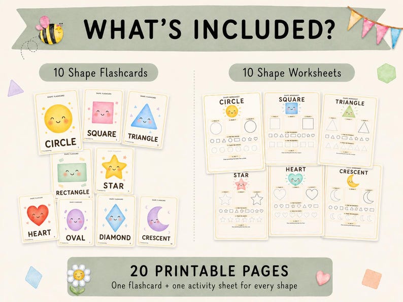 Peut inclure: Un ensemble de 10 cartes m&eacute;mo et 10 fiches d'exercices sur les formes avec des illustrations de cercle, carr&eacute;, triangle, rectangle, &eacute;toile, c&oelig;ur, ovale, losange et croissant. Le texte indique WHAT'S INCLUDED, 10 Shape Flashcards, 10 Shape Worksheets et 20 PRINTABLE PAGES.