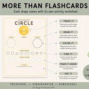 Peut inclure: Un ensemble de fiches p&eacute;dagogiques PDF imprimables de 20 pages intitul&eacute; More Than Flashcards. La page pr&eacute;sente une activit&eacute; sur la forme cercle avec des sections pour tracer, dessiner, colorier, trouver et utiliser des formes, avec un motif abeille.