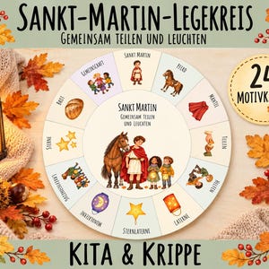 Könnte beinhalten: Ein kreisförmiges Lernspiel namens Sankt-Martin-Legekreis mit Illustrationen von Sankt Martin, einem Pferd, Laternen und Herbstblättern. Das Spiel enthält 24 Motivkarten und deutschen Text, umgeben von herbstlichem Laub und einer Laterne.