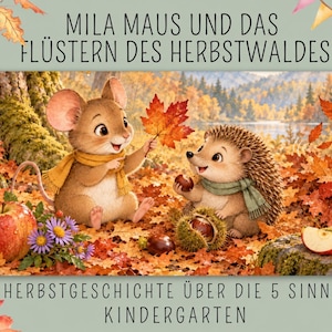 Könnte beinhalten: Eine digitale Illustration mit einer braunen Maus mit gelbem Schal und einem Igel mit grünem Schal in einem herbstlichen Wald voller Laub, Äpfel und Kastanien. Der Text lautet MILA MAUS UND DAS FLÜSTERN DES HERBSTWALDES und HERBSTGESCHICHTE ÜBER DIE 5 SINNE KINDERGARTEN.