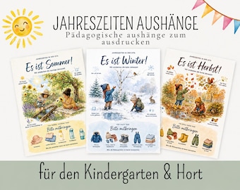 Carteles de temporada para jardín de infantes (PDF): primavera, verano, otoño, invierno; carteles para jardín de infantes; información para padres; materiales para educadores; carteles educativos.