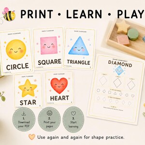 Peut inclure: Cartes &eacute;ducatives sur les formes et une fiche d'exercices sur le losange avec des illustrations color&eacute;es de cercle, carr&eacute;, triangle, &eacute;toile et c&oelig;ur. L'ensemble comprend des &eacute;tiquettes de texte, des ic&ocirc;nes et le titre PRINT LEARN PLAY.