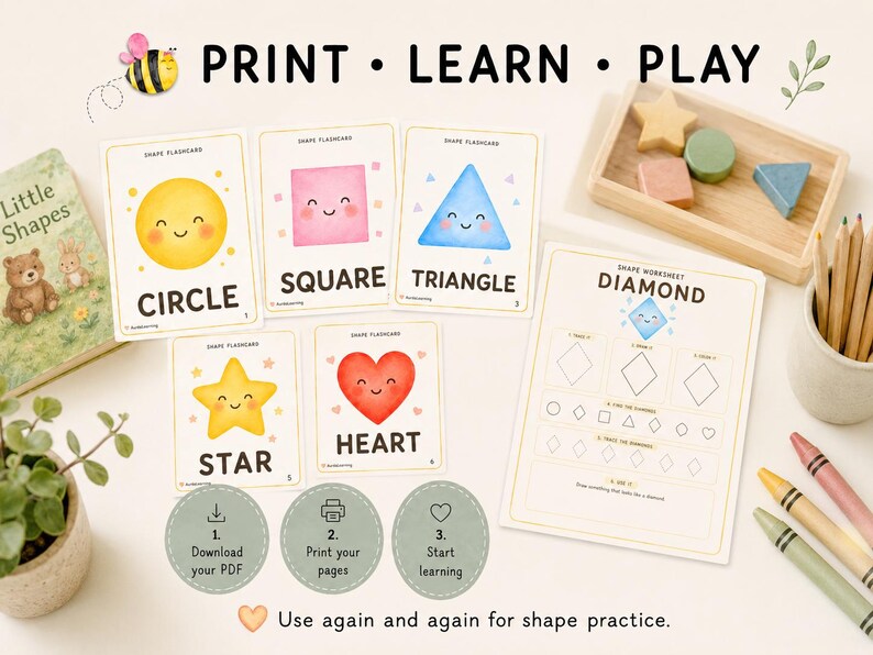 Peut inclure: Cartes &eacute;ducatives sur les formes et une fiche d'exercices sur le losange avec des illustrations color&eacute;es de cercle, carr&eacute;, triangle, &eacute;toile et c&oelig;ur. L'ensemble comprend des &eacute;tiquettes de texte, des ic&ocirc;nes et le titre PRINT LEARN PLAY.
