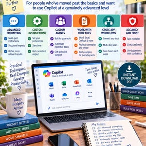 Puede incluir: Una guía digital titulada Microsoft Copilot The Advanced Guide que presenta un logotipo colorido, seis columnas de texto categorizadas y una pantalla de computadora portátil que muestra la interfaz de Copilot con iconos para Word, Excel, PowerPoint, Outlook, Teams, OneDrive y Loop.